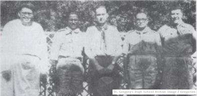 From left to right - Brother Peter C.S.C., Headmaster St. Gregory; Nicholas Rozario, Deputy Camp Chief (East Pakistan); J. S. Wilson, Director of International Bureau; Squadron Leader H.V. Bhatty, Scout Provincial Secretary and  A.R. Sardar Hussain, Scout Camp Chief for Pakistan