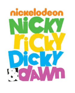 Show logo is name of show in various colors styled without commas as Nicky Ricky Dicky & Dawn