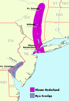A map of New Jersey with the upper right portion colored magenta (New Netherland), and the lower left portion colored blue (New Sweden).