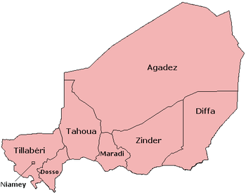 A clickable map of Niger exhibiting its seven regions.