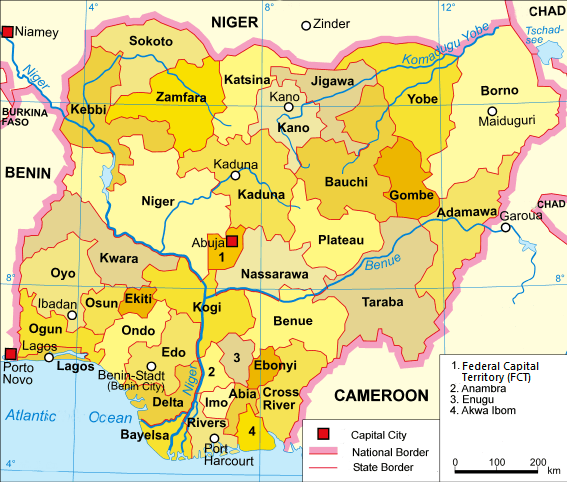 A clickable map of Nigeria exhibiting its 36 states and the federal capital territory.