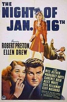 Color movie poster for The Night of January 16th. In the top half, a woman drags a man's body by his feet. In the bottom half, a man and woman look up apprehensively.
