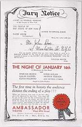 Flyer labeled "Jury Notice" at the top, followed by a mock notification that the recipient is called to be a juror at the trial of Karen Andre. Red text across the middle of the page says "The Night of January 16th" in all caps. Red text at the bottom of the page gives the name and address of the Ambassador Theatre.