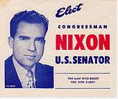 Front cover of flyer for Nixon campaign, showing his photo.