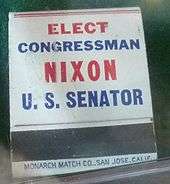 back of a matchbook, stating "ELECT CONGRESSMAN NIXON US SENATOR"