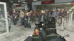 A screenshot taken from the level. The player is holding a gun and is aiming it at a large group of civilians. Bullets can be seen coming from other gunmen.