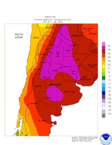 Map showing high temperatures reached during the December 2013 heat wave. Most areas exceeded 40 degrees C though some areas recorded temperatures up to 45 degrees C