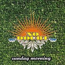 A grass covered background is fronted by a brightly designed No Doubt logo with the title of the song below.