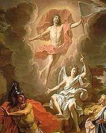 The image is a painting of the resurrection of Jesus.