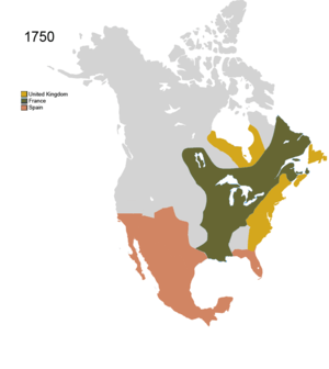 Map of North America showing French, UK, and Spanish territorial claims over Eastern seaboard of North America
