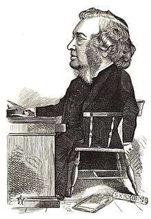 Victorian caricature of man with large mutton-chop whiskers, seated at desk; scroll labelled "Sermons" and magazine "Good Words" beside him