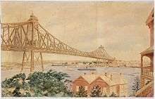 Watercolour drawing of the bridge design looking South East from North Sydney towards Circular Quay, with houses in the foreground and a steamship passing under the main span of the iron-lattice bridge with two pylons to illustrate the large scale.