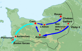 A map of Normandy, showing Philip's invasion with a sequence of blue arrows, and the Breton advance from the west shown in light blue