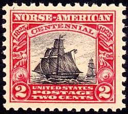 A bicolor two cent postage stamp, showing  a 19th century sailing ship