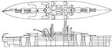 A line drawing of a ship with four gun turrets—two mounted each fore and aft—a large superstructure with two high masts, and a catapult over the third turret.