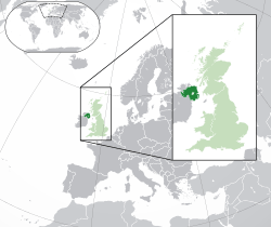 Location of  Northern Ireland  (dark green)– in Europe  (green & dark grey)– in the United Kingdom  (green)