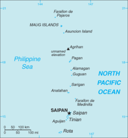 Island chain running from north to south. Islands of Saipan and Aguijan to the southern end of the chain