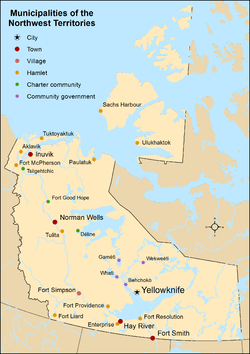 Map showing locations of all municipalities of the Northwest Territories