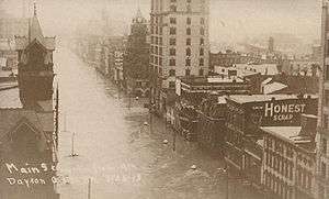 Main Stree in Dayton, Ohio with several feet of water during the flood
