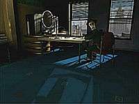 An image of an office rendered by a computer; the office has two windows, a desk, an oval-shaped computer monitor, and additional furniture. The walls and decorations of the furniture have art-deco stylings to them. A skeletal figure sits in one of the chairs looking to the viewer.