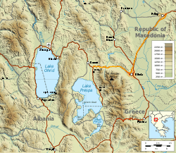 map showing Lakes Ohrid and Prespa and the surrounding rivers, mountains, etc.