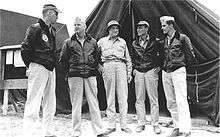 On Okinawa in April 1945: Maj Axtell, CMC Vandegrift, MajGen Mulcahy, Maj Dorroh, and Lt O'Keefe (left to right)