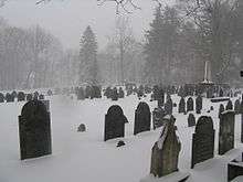 Gravestones on a cloudy and snowy day
