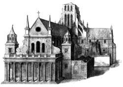 An image of the west front of the cathedral, showing a somewhat incongruous classical-style porch added to the cathedral, with eight tall columns, looking a little like the Parthenon.