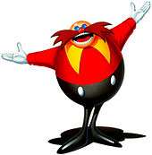 A bald cartoon character with an oval shaped red torso, mustache as wide as his shoulders, and long thin black pants greets the reader.