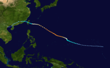 Track of Typhoon Omar plotting its intensity at six-hour intervals. The track begins over the open Pacific Ocean near Kiribati and extends generally west-northwest, ultimately crossing Taiwan and eastern China before ending over northern Vietnam.