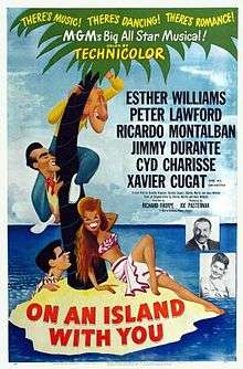 Theatrical release poster featuring caricatures of Esther Williams, Peter Lawford, Ricardo Montalbán and Jimmy Durante.