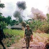 color photograph of a Marine calmly walking away from an exploding hut at the edge of a jungle