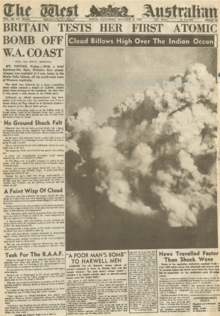 Front page of The West Australian newspaper for 4 October 1952; the headline reads "Britain test her first atomic bomb off W.A. coast"