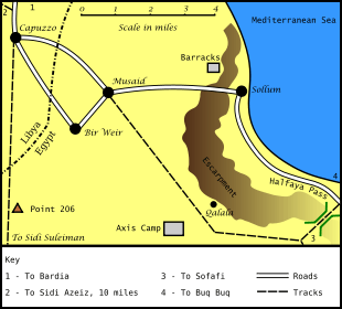 A coloured map showing the immediate area where the battle was fought; black dots represent key towns and villages, several white lines represent the main roads while dotted lines represent the desert tracks.