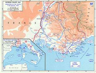 A map of southern France with the 45th Infantry Division landing at the center of a large invasion force.