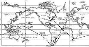 alt=Mercator projection map depicting the submerged navigational track of Triton during Operation Sandblast. The submarine began off the east coast of the United States, went around the southern tip of South America, passed north of Australia across the Pacific Ocean, headed south from Guam through the Philippine Island into the Indian Ocean, passed around the southern tip of Africa, and arrived back on the eastern seaboard of the United States.