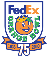 White shield bearing the FedEx and Orange Bowl logos. Below it is a ribbon inscribed with 1935 and 2009, separated by a white 75.