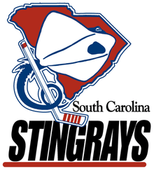 Original South Carolina Stingrays logo: Red silhouette of the state of South Carolina with a white stingray superimposed. Stingray's blue tail is curled around a white hockey stick, with the words "South Carolina Stingrays" in black.