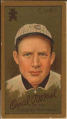 Baseball card showing a head shot of a man facing forward wearing a white hat with a "C" on it.  The card says "Cubs" in the upper right corner and says "Orval Overall of the Chicago Nationals" on the bottom.