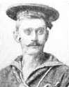 Head of a white man with handlebar mustache wearing a sailor suit and a flat cap.
