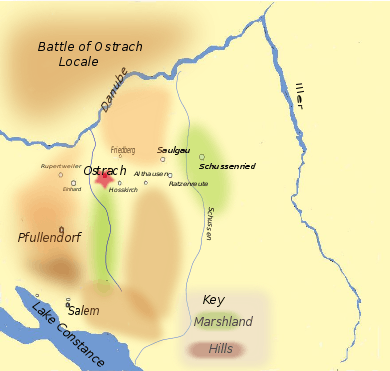 Map shows the primary town of Ostrach, with several nearby villages which the French and Austrian forces skirmished.