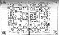A top-down diagram of the city of Bianjing, focusing mainly on defensive features. There is an inner wall protecting the palace and an outer wall with 10 gates, the north wall having four gates and all other sides having three. Each gate has a guard tower above it.