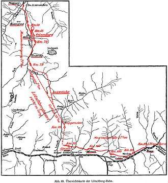 Outline map of the Lötschbergbahn between Spiez and Brig in Switzerland, showing the part from Frutigen to Brig. Note the double loop completed with a 270 degree spiral tunnel between Kandergrund and Felsenburg (ca. km 60 and 70) and the straight stretch of the Lötschberg tunnel between km 75 and 90.