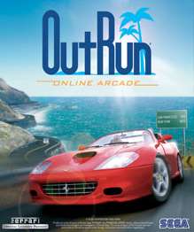 Artwork of a vertical rectangular advertisement. The top portion reads "Out Run" with the words "Online Arcade" beneath it. The foreground consists of a red car on a grey pavement, and the background is a curved sea-side road overlooking the ocean.