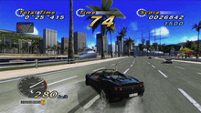 Horizontal rectangle video game screenshot that is a digital representation of a city street. A dark-colored car drifts on the street. The screenshot depicts a heads up display that shows a speedometer at the bottom left and numbers at the top that shows a timer and scores.