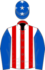 Racing silks with blue sleeves and a red-and-white-striped torso,  a blue cap with stars