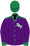 Purple silks with green trimmings and a green cap; DAP is displayed on the left breast.