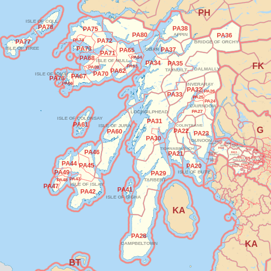 PA postcode area map, showing postcode districts, post towns and neighbouring postcode areas.