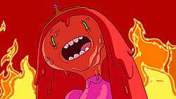 A bubblegum humanoid female is standing in front of tall flames. Due to the heat, she is beginning to melt.
