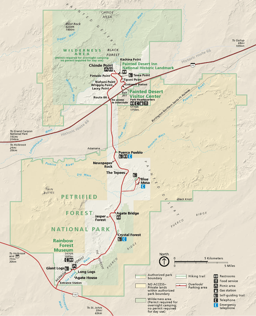 Interstate 40 and U.S. Route 180 connect to the main park road, which runs between the park's north and south entrances and provides access to its main viewing points, trails, and public buildings.